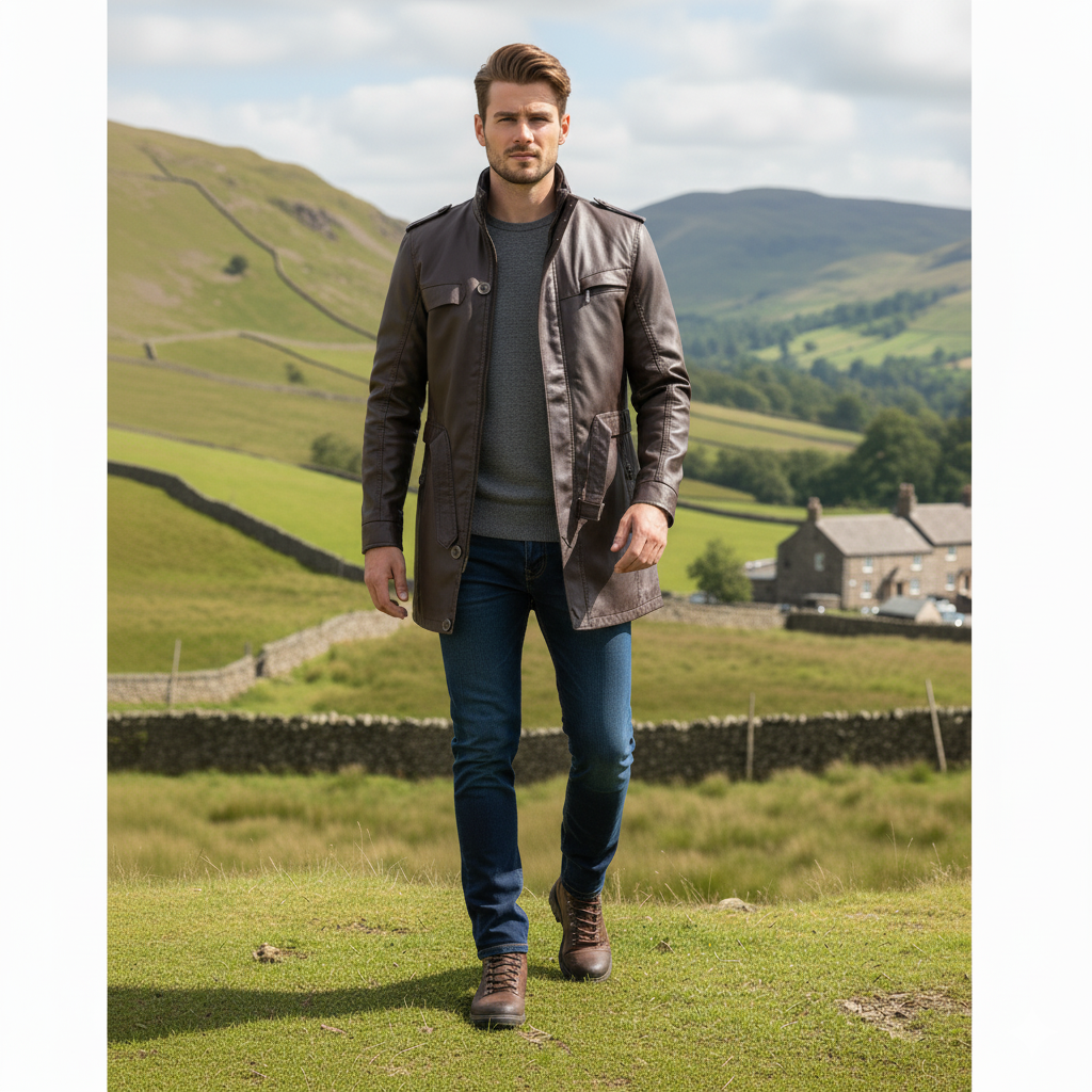 Unisex Signature The Heritage Dark Brown Longline Leather Jacket styled open over an outfit, Harmain Leathers
