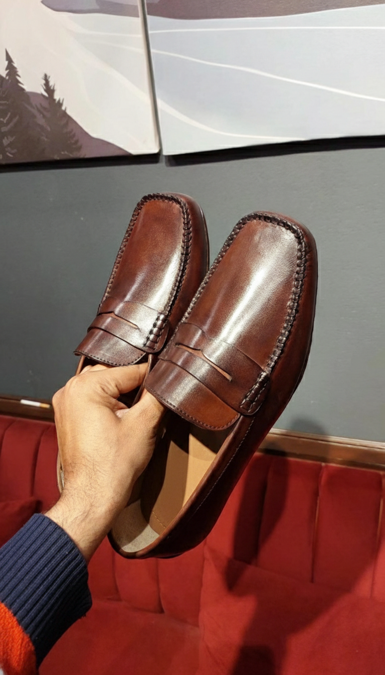 Harmain Leathers Men's Brown Leather Brown Leather Penny Loafers for Men – Classic Hand-stitched Smart Shoes, front view
