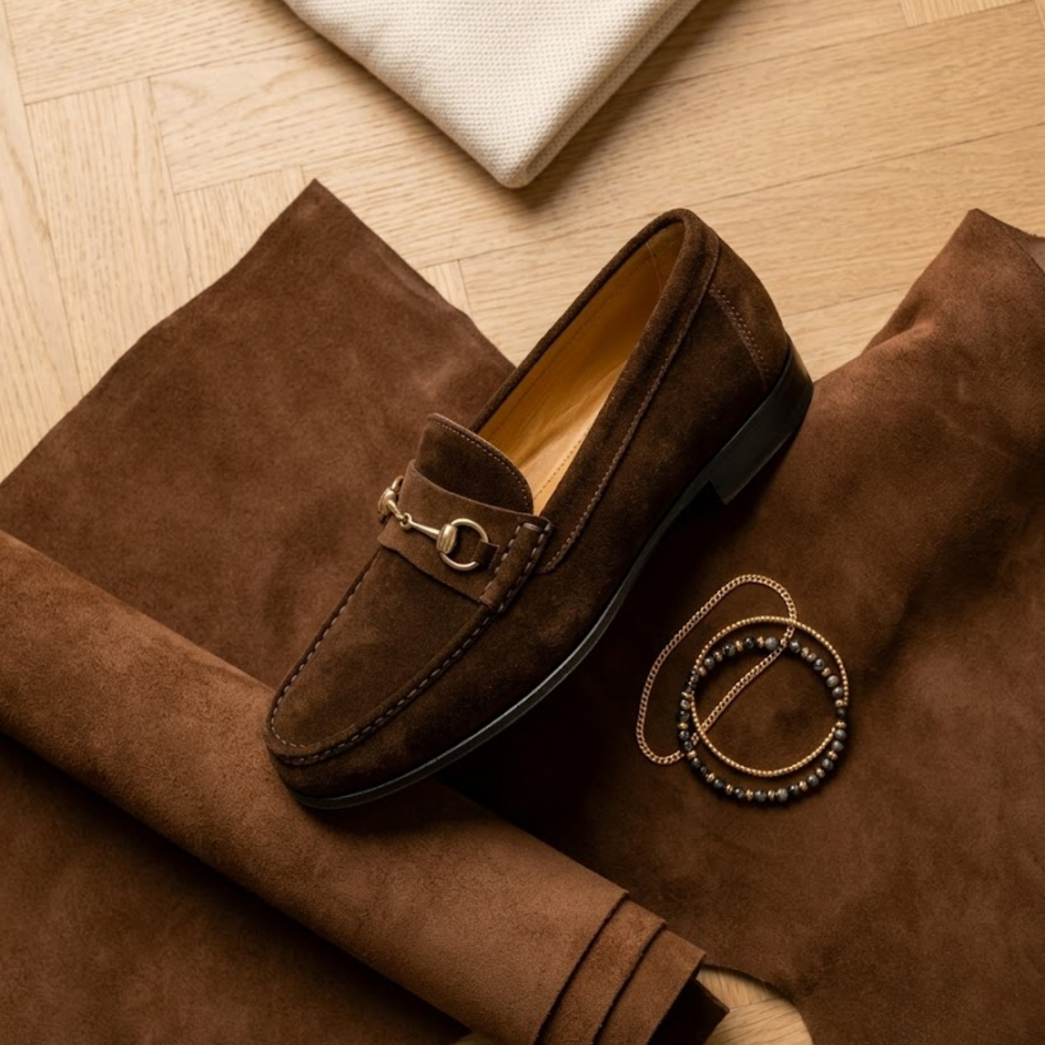 Dark Brown Suede Horsebit Loafers.
