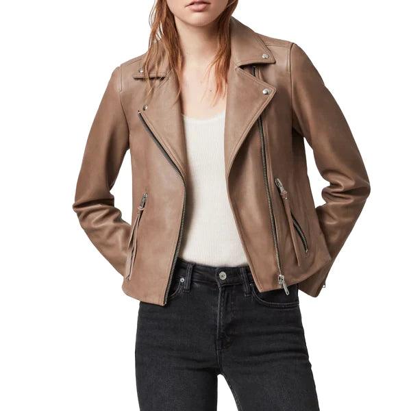 LIGHT TAN BIKER LEATHER JACKET WOMEN