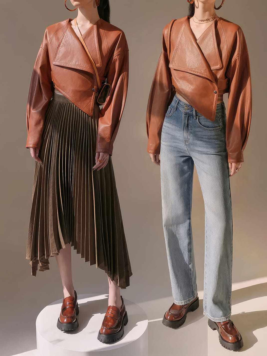 Women’s Brown Cropped Classic Leather Jacket