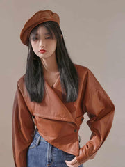 Braune, klassische, kurze Lederjacke für Damen