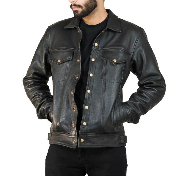 Unisex Signature Men's Black Casual Leather Jacket styled open over an outfit, Harmain Leathers