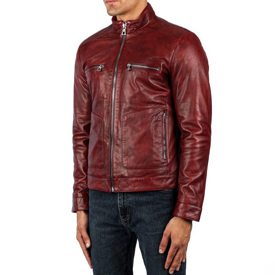 Unisex Signature Burgandy Leather Jacket styled open over an outfit, Harmain Leathers