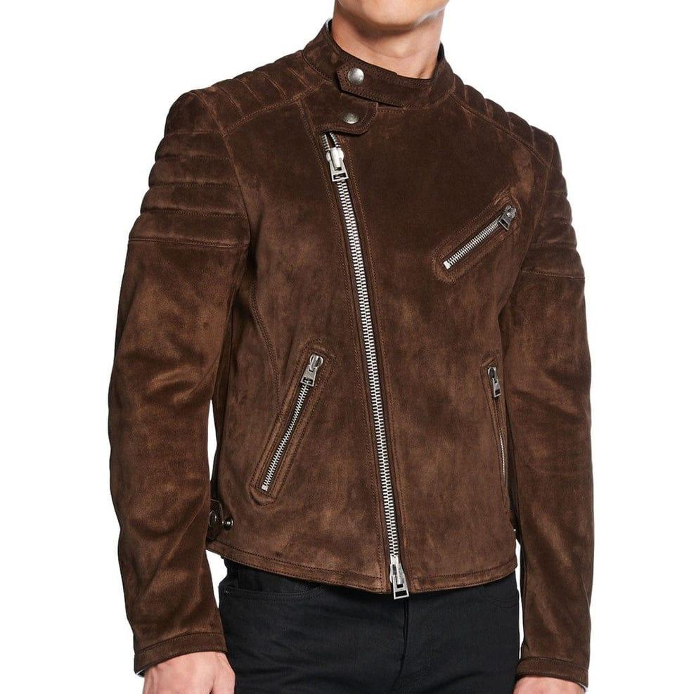 Harmain Leathers Unisex Signature Leather Brown Suede Jacket, front view, genuine leather craftsmanship