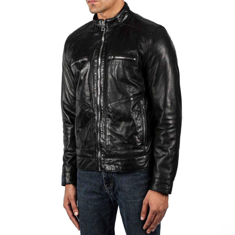 Unisex Signature Black Leather Jacket styled open over an outfit, Harmain Leathers