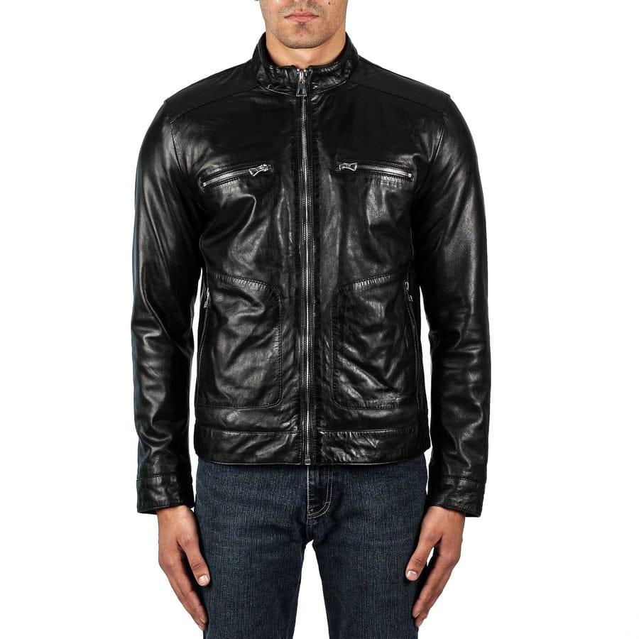 Harmain Leathers Unisex Signature Leather Black Leather Jacket, front view, genuine leather craftsmanship