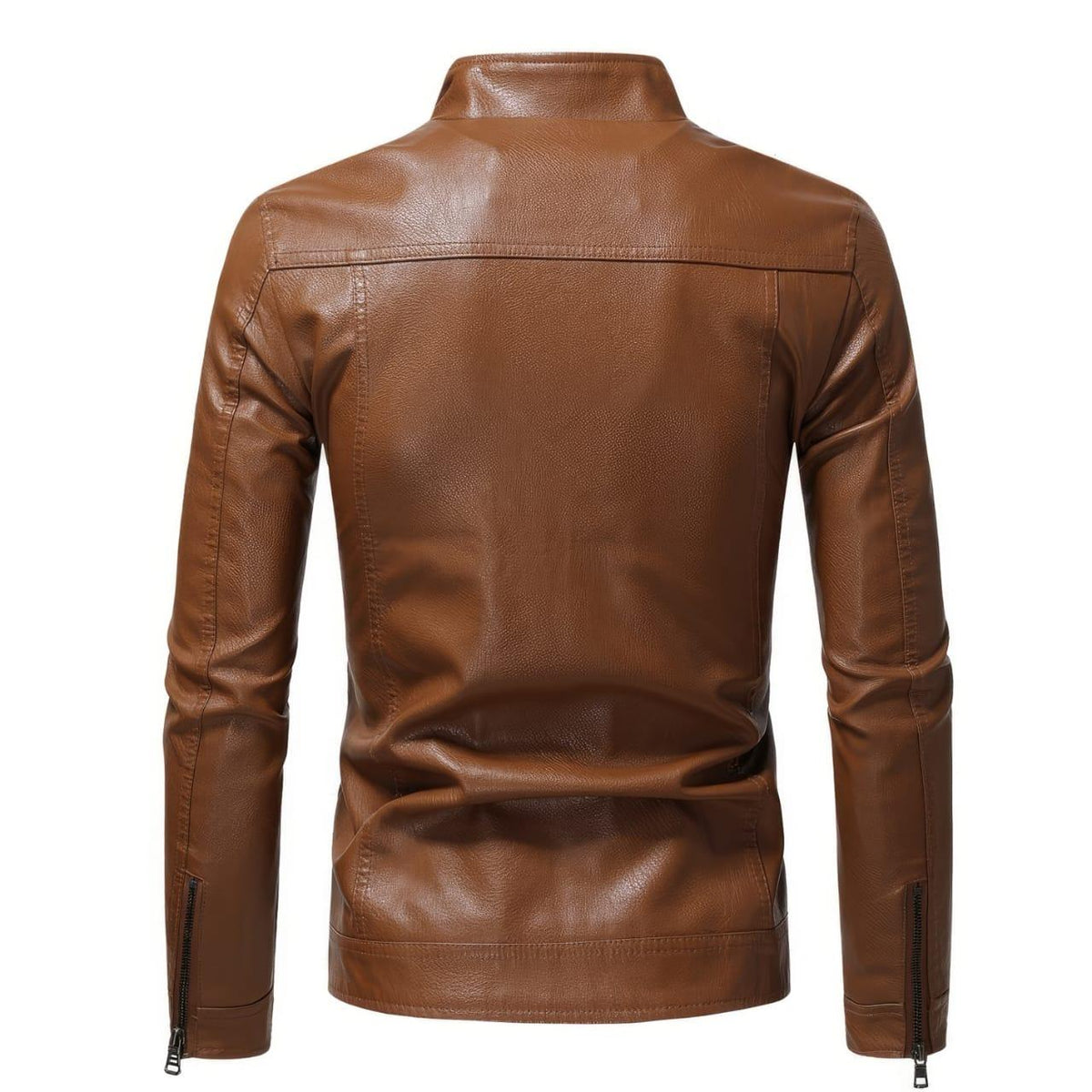 Unisex Signature Mens Brown Racer Leather Jacket styled open over an outfit, Harmain Leathers
