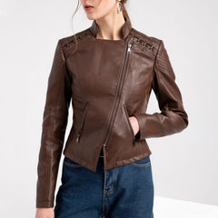 WOMENS SHOULDERS LACED LEATHER JACKET