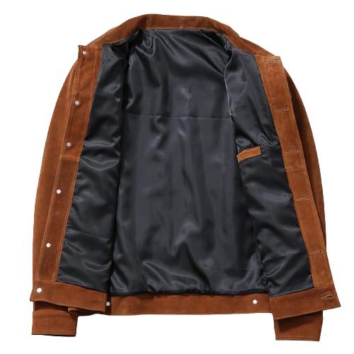 Unisex Signature Men’s Brown Trucker Suede Leather Jacket – Genuine Suede styled open over an outfit, Harmain Leathers