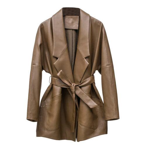 LANGER DAMEN-TRENCHCOAT AUS LEDER MIT GÜRTEL
