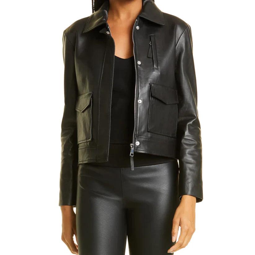 WOMENS BLACK BOMBER LEATHER JACKET